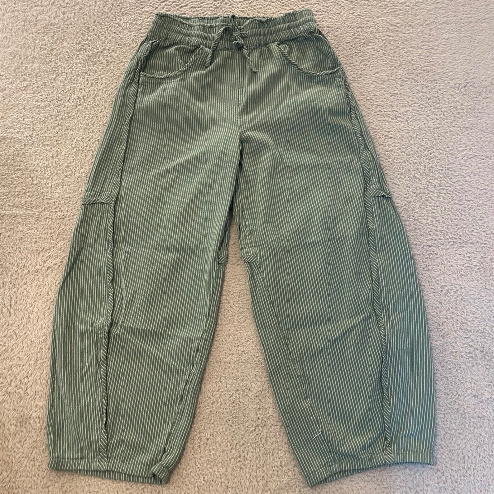 Free People Something Good Barrel Leg Pants Womens Medium Green Striped Cotton